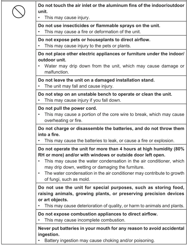 Mitsubishi Electric Split-Type Air Conditioners - CAUTION-Table-1