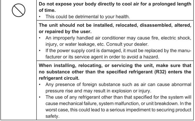 Mitsubishi Electric Split-Type Air Conditioners - Warnings-Table-2