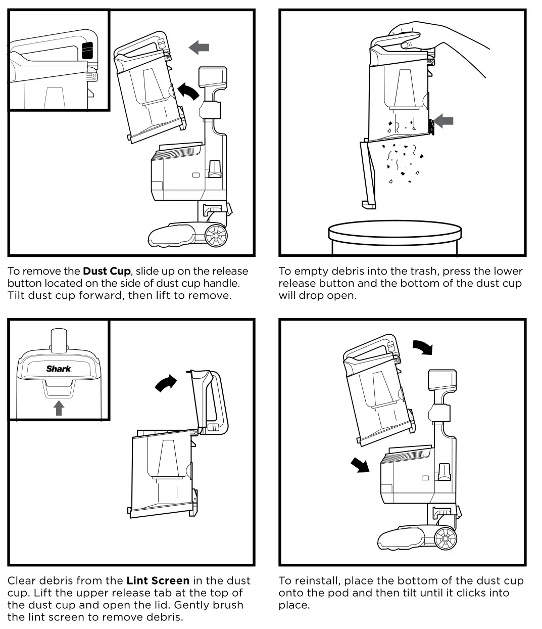 Shark Vacuum Cleaner Owner's - EMPTYING THE DUST CUP