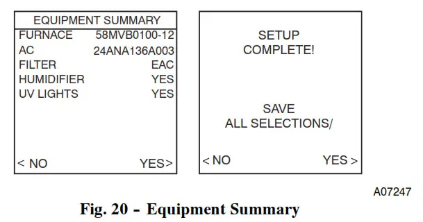 Carrier Infinity Control Thermostat - Fig. 20 -- Equipment Summary