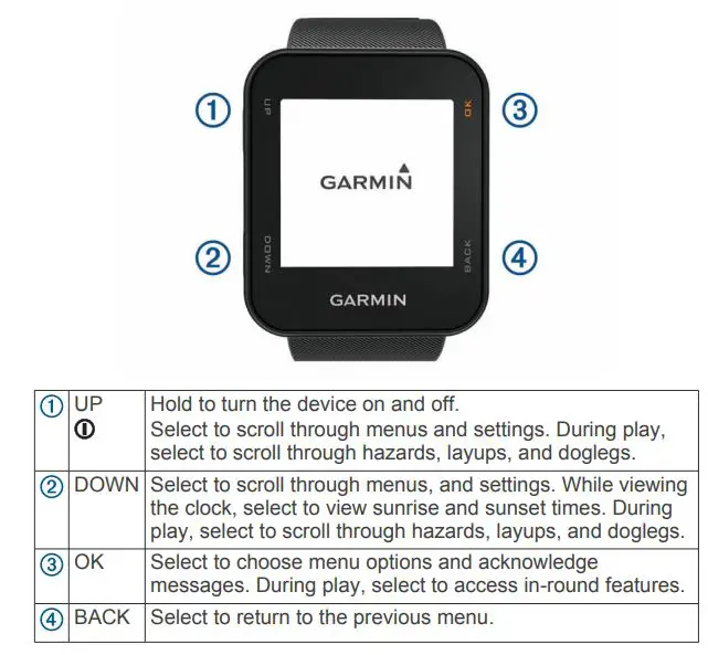 GARMIN 010-02028-00 S10 Golf GPS Watch Owner's Manual - Keys