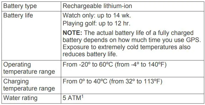 GARMIN 010-02028-00 S10 Golf GPS Watch Owner's Manual - Specifications